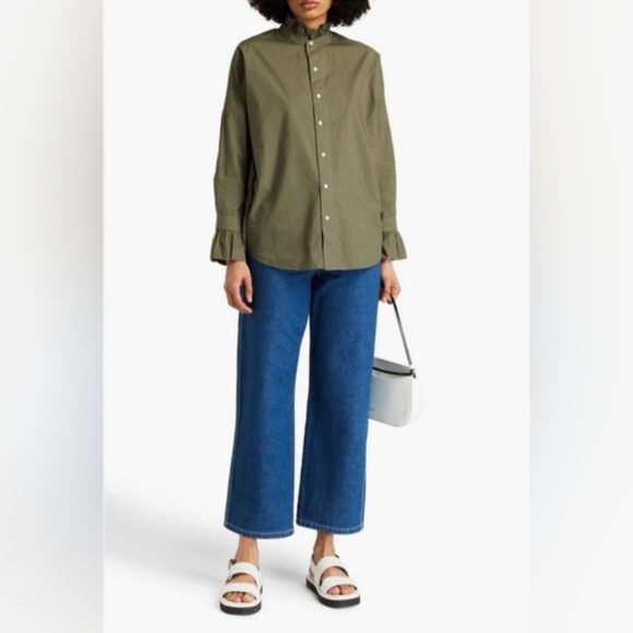 ALEX MILL Easy Ruffle Cotton Poplin Shirt, Dusty Olive, Size M, Spring - Picture 7 of 15